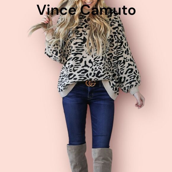Like New Vince Camuto Fluffy V Neck Sweater - leopard print - Small - Picture 1 of 8